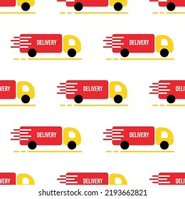 Fast shipping, delivery trucks vector seamless pattern background.

