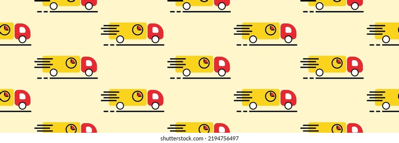 Fast shipping, delivery trucks wide horizontal vector seamless pattern background.
