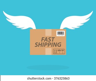 Fast shipping icon concept. Flying cardboard box with tape, barcode and delivery symbols . Flat design