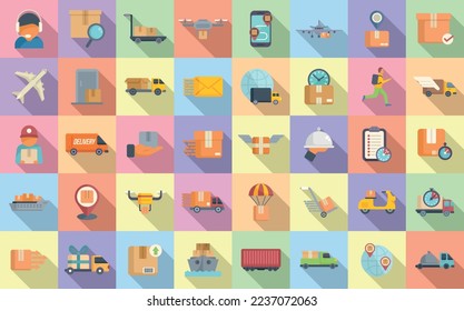 Fast shipping icons set flat vector. Business cargo. Courier ship