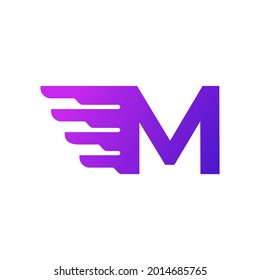 Fast Shipping Initial Letter M Delivery Logo. Purple Gradient Shape with Geometric Wings Combination.