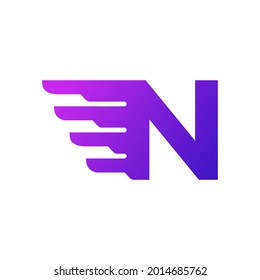 Logotipo de entrega de la carta inicial de envío rápido N. Forma de degradado púrpura con combinación de alas geométricas.