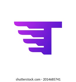 Logotipo de entrega de la carta inicial de envío rápido T. Forma de degradado púrpura con combinación de alas geométricas.