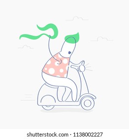 Fast shipping, journey or speed transportation. Cute funny man riding delivery scooter or moped on its way to deliver happiness. E-Commerce template. Isolated vector illustration.