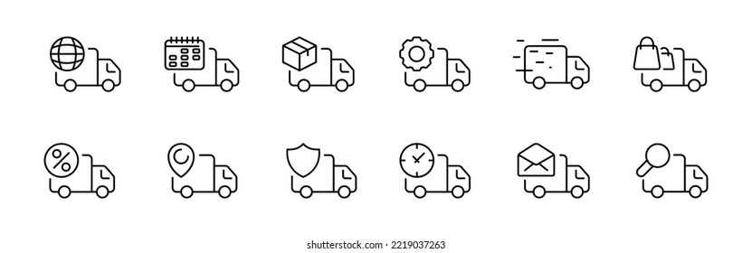 Fast shipping line icon. Logistics, truck, time, watch, courier, deliver parcel, mail, gear, calendar, minivan, customer, purchase, buy, client, drive, car. Delivery concept. Vector black set icon