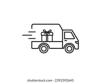 Fast shipping moving delivery truck  with gift box line art vector icon. Vector illustration isolated on transparent background