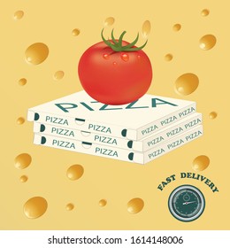 Fast shipping. Pizza in boxes, tomato, cheese background - vector. Spring design. Healthy fresh food