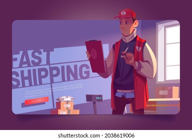 Fast shipping poster with man in warehouse with package boxes and scales. Vector banner of delivery service with cartoon illustration of worker in uniform with clipboard in distribution office or post