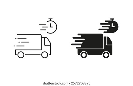 Fast Shipping Service Line and Silhouette Icon Set. Express Shipment Symbol. Editable Stroke. Isolated Vector Illustration.