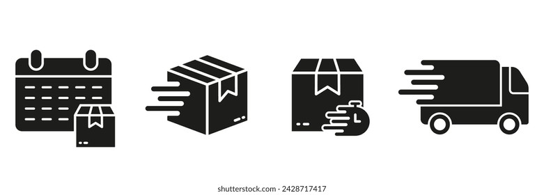 Fast Shipping Silhouette Icon Set. Express Delivery Service Symbol Collection. International Distribution Glyph Pictogram. Export And Import Solid Sign. Isolated Vector Illustration.