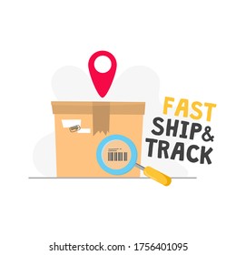 Fast shipping track order icon with inscription vector illustration. Carton box with barcode flat style. Delivery service on location. Distribution concept. Isolated on white background