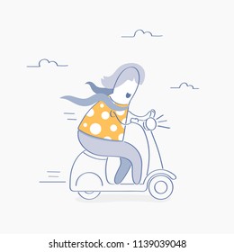 Fast shipping, travel, journey or speed transportation. Cute funny woman riding delivery scooter or moped on its way to deliver happiness. E-Commerce template. Isolated vector illustration.