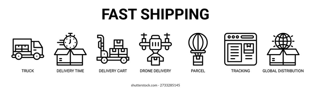 Concepto de Ilustración vectorial de icono de Anuncio de Web de envío rápido con icono de camión, tiempo de entrega, Carrito de entrega, entrega de drones, paquete, seguimiento y distribución global.