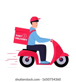 Fast shipping. A young guy delivers packages on a red scooter. Online food.