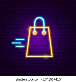 Señal de Neon de la bolsa de compras rápida. Ilustración vectorial de la promoción de pedidos en línea.