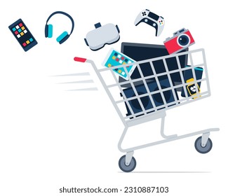 Fast shopping cart full of consumer electronics, shopping and technology concept