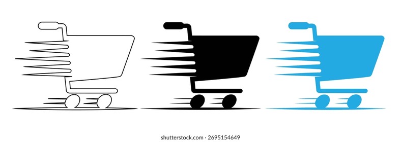 Carritos de compras rápidos que se mueven con velocidad en negro y azul, iconos de trazo editables