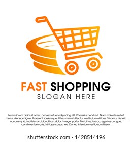 Fast shopping concept logo design template. Shopping cart vector illustration isolated on white background. Shopping cart in motion logo design. Shopping cart swoosh wind logo design template.