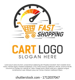 Fast shopping concept logo design template. Shopping cart vector illustration isolated on white background. Shopping cart in motion logo design. Shopping cart swoosh wind logo design. EPS file