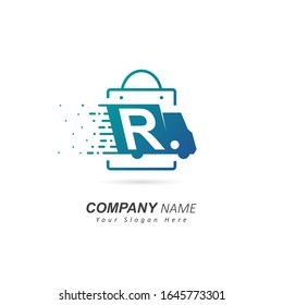 Fast shopping Initial Letter R Logo Template Design with shopping bag and Truck Element.