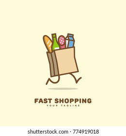 Fast shopping logo template design with a running package. Vector illustration.