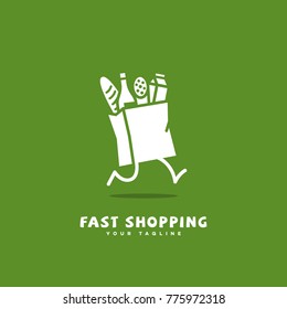 Fast shopping logo template design with a running package on a green background. Vector illustration.