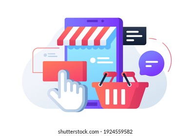 Fast shopping online vector illustration. Store and basket flat style. Buy products from home. Bubbles with notification. Purchase online concept. Isolated on white background