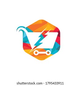 Diseño del logotipo del vector de compra rápida. Carro de compras con el icono del logotipo de flash.