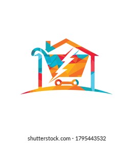 Fast Shopping vector logo design. Shopping cart with flash and home logo icon.