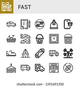 fast simple icons set. Contains such icons as Food truck, Racing car, Scoring, Shawarma, Cupping, Tracking, Nachos, Shoes, Popcorn, Clock, can be used for web, mobile and logo