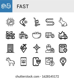 fast simple icons set. Contains such icons as Cargo truck, Chip, Boomerang, Trolley, Sausage, Rabbit, Food truck, Crisps, Truck, Delivered, can be used for web, mobile and logo