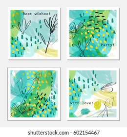 Fast sketched garden floral on green doodles.Hand drawn creative invitation greeting cards. Poster, placard, design templates. Anniversary, Birthday, wedding, party cards set of 4. 