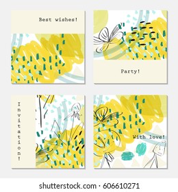 Fast sketched garden floral on yellow with copy space.Hand drawn creative invitation greeting cards. Poster, placard, design templates. Anniversary, Birthday, wedding, party cards  Isolated on layer.