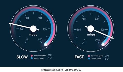 Fast and slow internet speed test. Speedometer internet speed level measure tools on black vector illustration