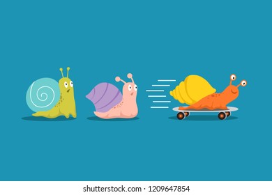 Fast and slow snails. Snail with wheels overtakes others in race. Competitive advantages business vector concept