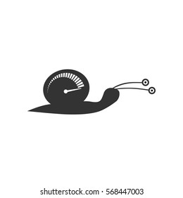 Fast snail with speedometer logo - silhouette. Isolated vector illustration.