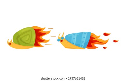Fast Snail with Spiral Shell Having Rocket Turbine or Speed Booster Vector Set