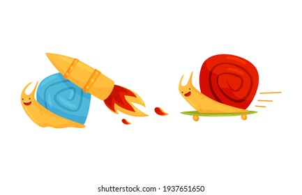 Fast Snail with Spiral Shell Having Rocket Turbine or Speed Booster Vector Set