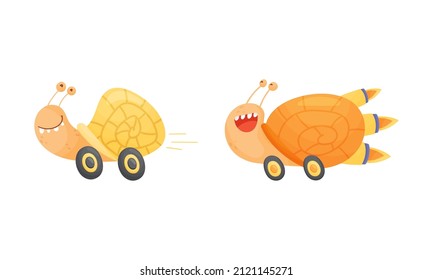 Fast snails set. Funny happy smiling mollusk characters riding on wheels vector illustration