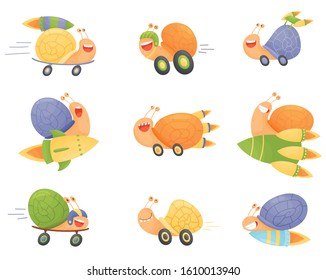 Fast Snails Vector Set. Funny Cartoon Mollusk Characters with Turbo Rocket Boosters