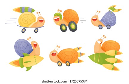 Fast Snails Vector Set. Funny Cartoon Mollusk Characters with Turbo Rocket Boosters