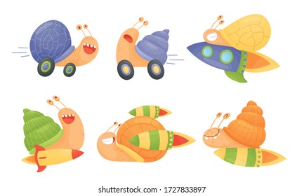 Fast Snails Vector Set. Funny Cartoon Mollusk Characters with Turbo Rocket Boosters