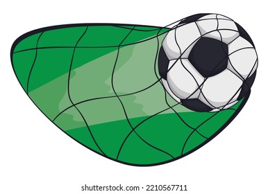 Fast soccer ball scoring a goal in the net over a green shape. Design isolated in cartoon style.