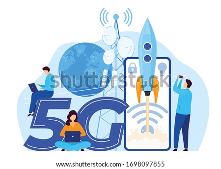 Fast speed 5g internet, character people, male and female use gadget, technological flat tiny vector illustration. Concept design web banner, landing, website. Launch rocket, mobile phone, antena.