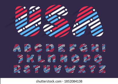 Fast speed alphabet with incline lines and dots. Vector template perfect to use in your sport team corporate identity, delivery packaging, Independence Day posters, technology design, and others. 