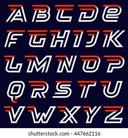 Fast speed alphabet on black. Two lines letters. Sport elements for sportswear, t-shirt, banner, card, labels or posters.