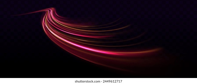 Fast speed car. Abstract red yellow light high speed dynamic on black background vector illustration. Curve streak trail line. Long yellow and red way effect. Vector Glowing neon spiral.	
