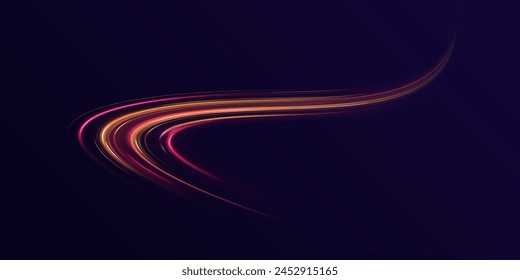 Fast speed car. Abstract red yellow light high speed dynamic on black background vector illustration. Curve streak trail line. Long yellow and red way effect. Vector Glowing neon spiral.	
