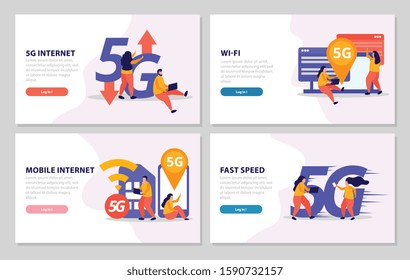 Fast speed internet 2x2 design concept set of four banners offer 5G connection wi fi signal and mobile internet vector illustration