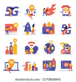 Fast speed internet flat icons demonstrated cloud technology wifi signal transmission 5G mobile communication vector illustration 